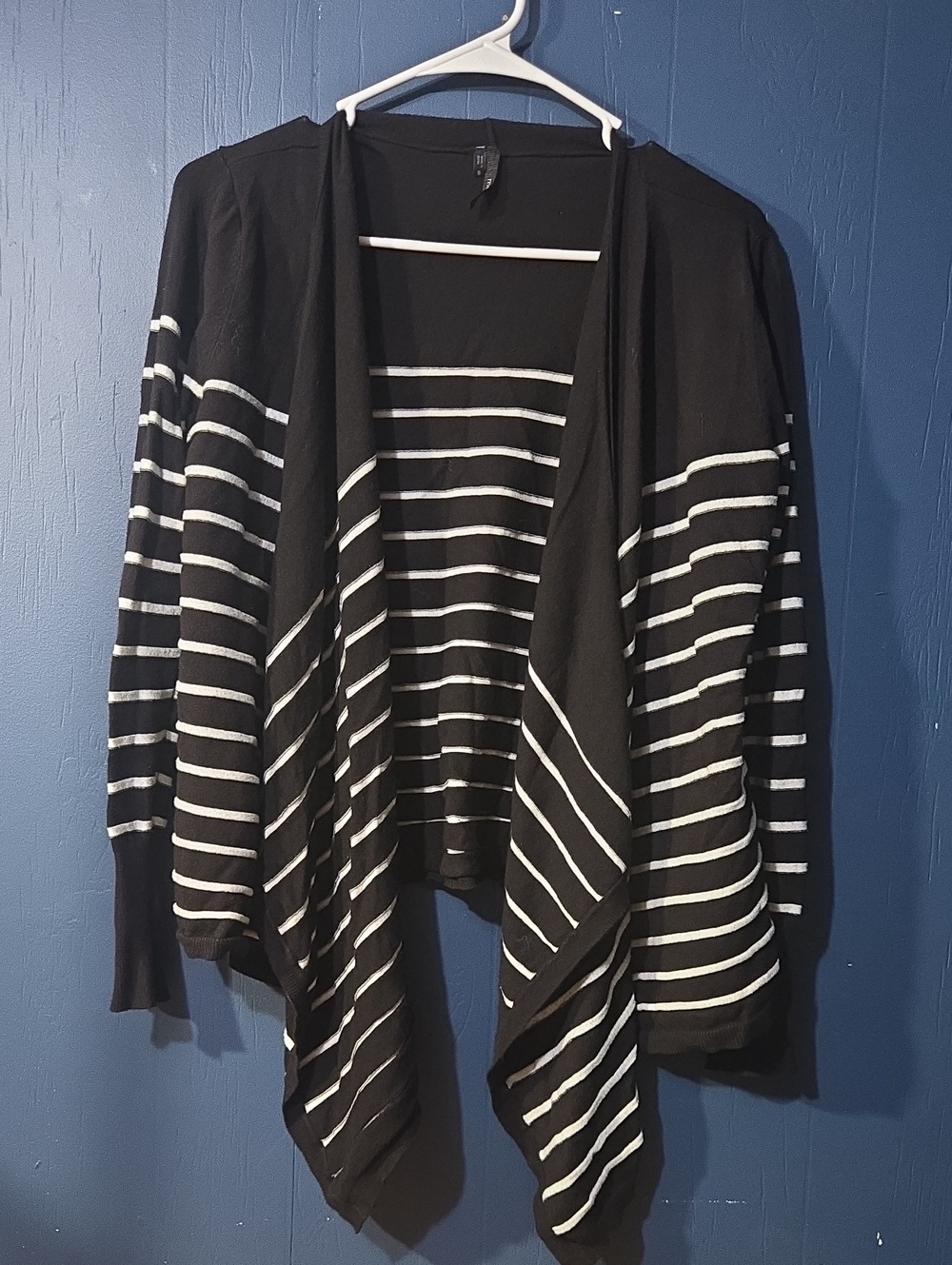 Maurices Black and White Striped Draped Open-Front Cardigan
